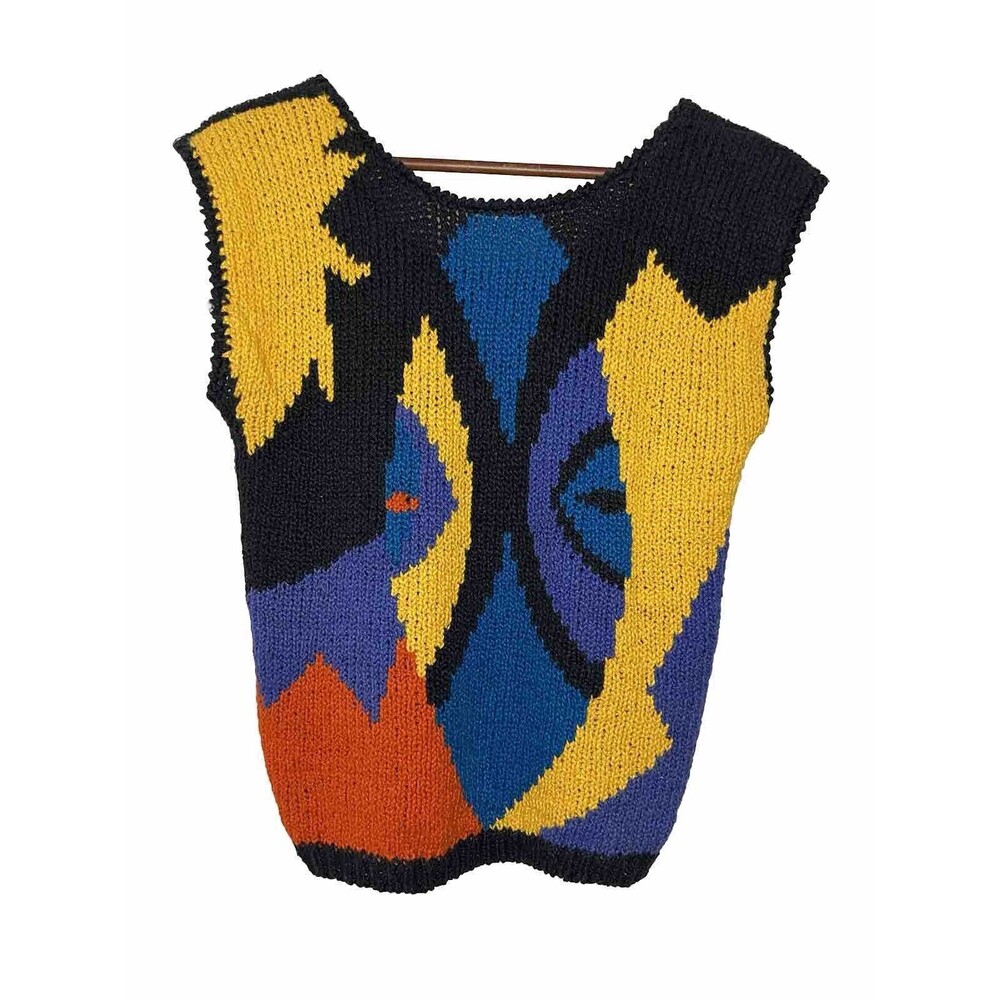 Renee Tener For Jeanne Pierre Knit Sleeveless Top Black Colorful Sweater 90s 80s